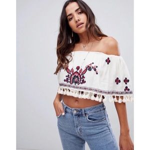 Raga Tessi Tassel Fringe Embroidered Off Shoulder Crop Top Boho Blouse